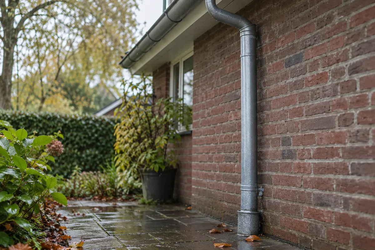 Een regenpijp en gootaansluiting boven natte tuintegels.