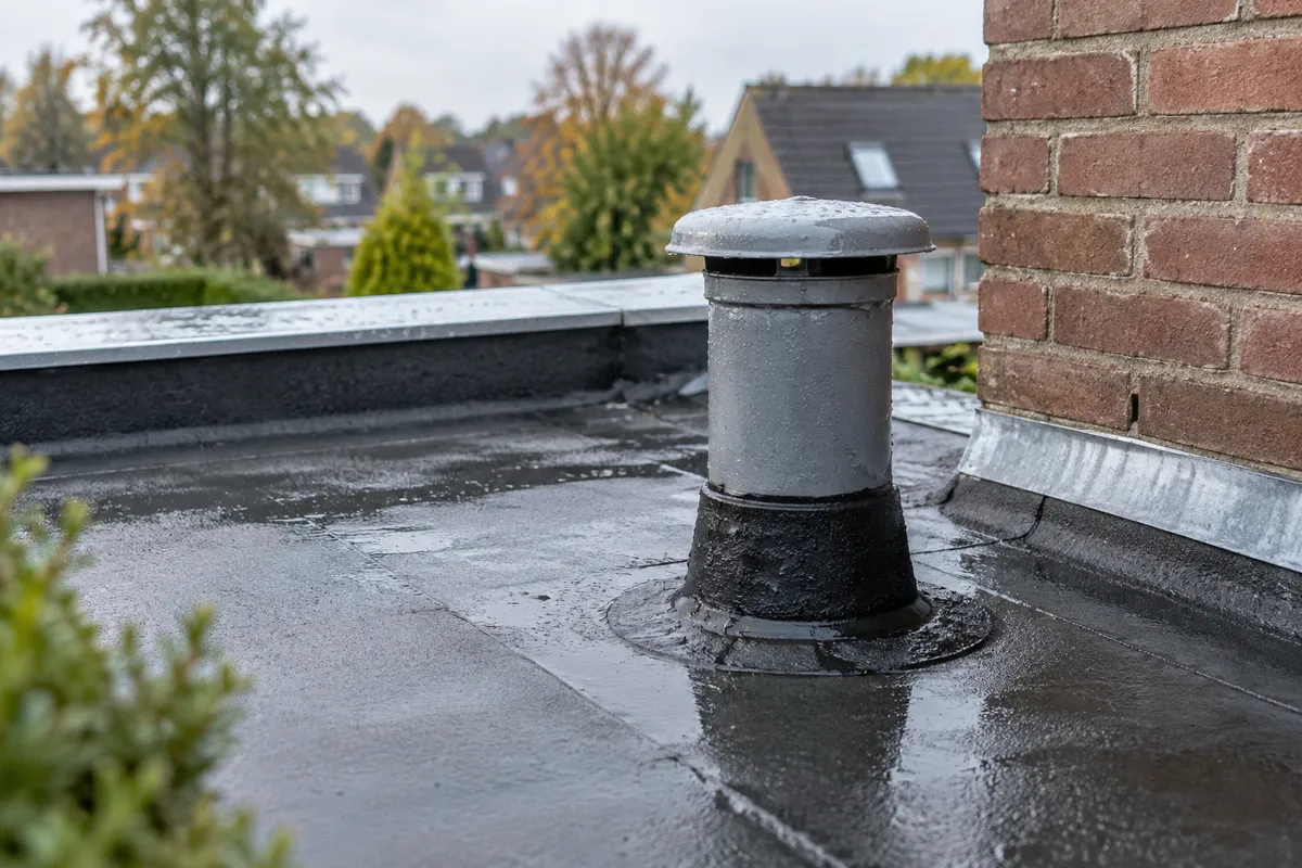 Een gesloten dakdoorvoer met waterdichte aansluiting in een dakvlak.