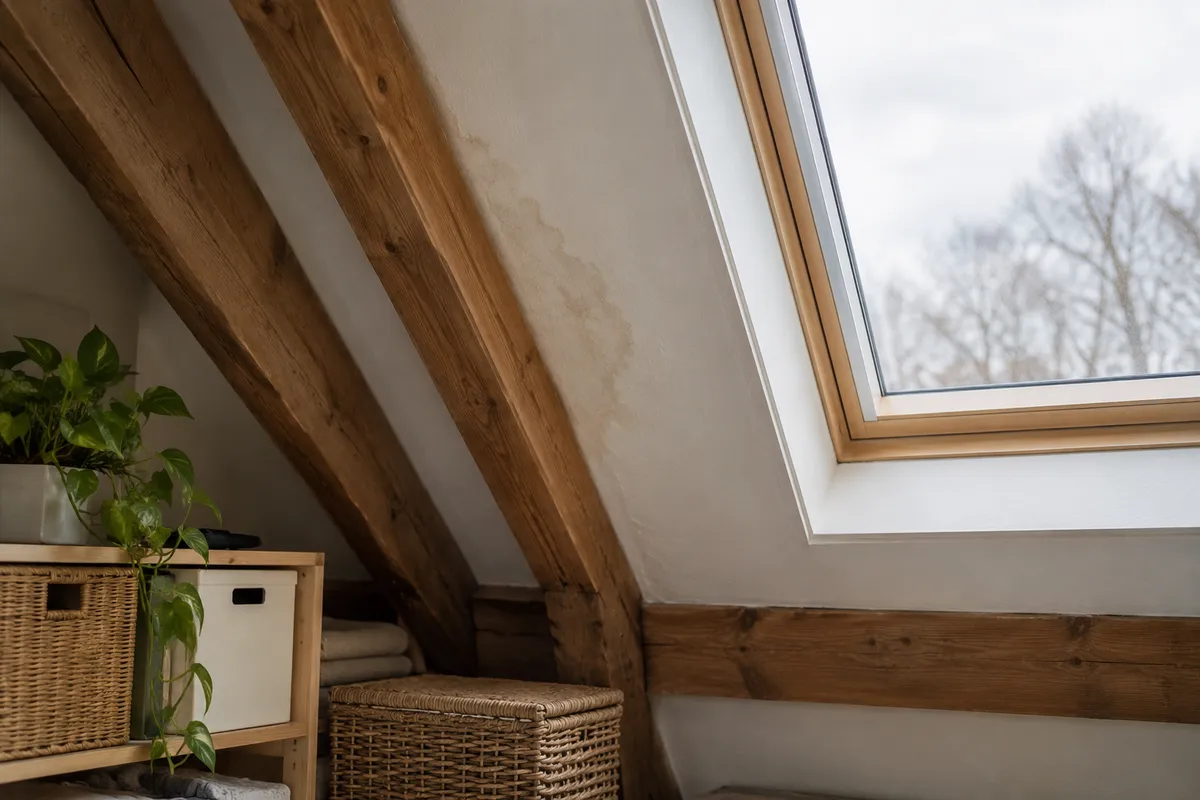 Een lichte waterspoorvorming bij een houten balk in een zolderruimte.