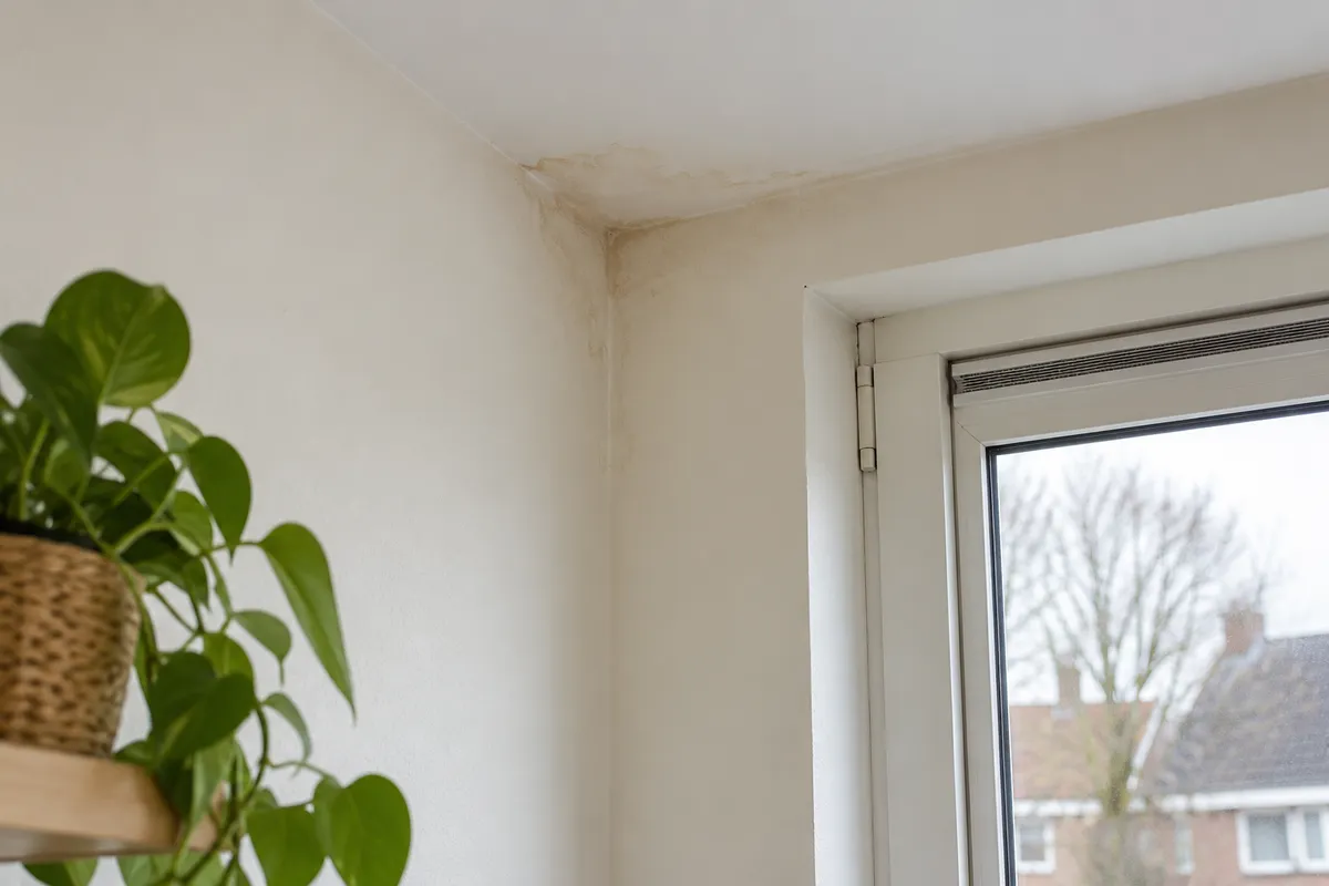 Een kleine vochtplek in de hoek van een plafond bij een raam.